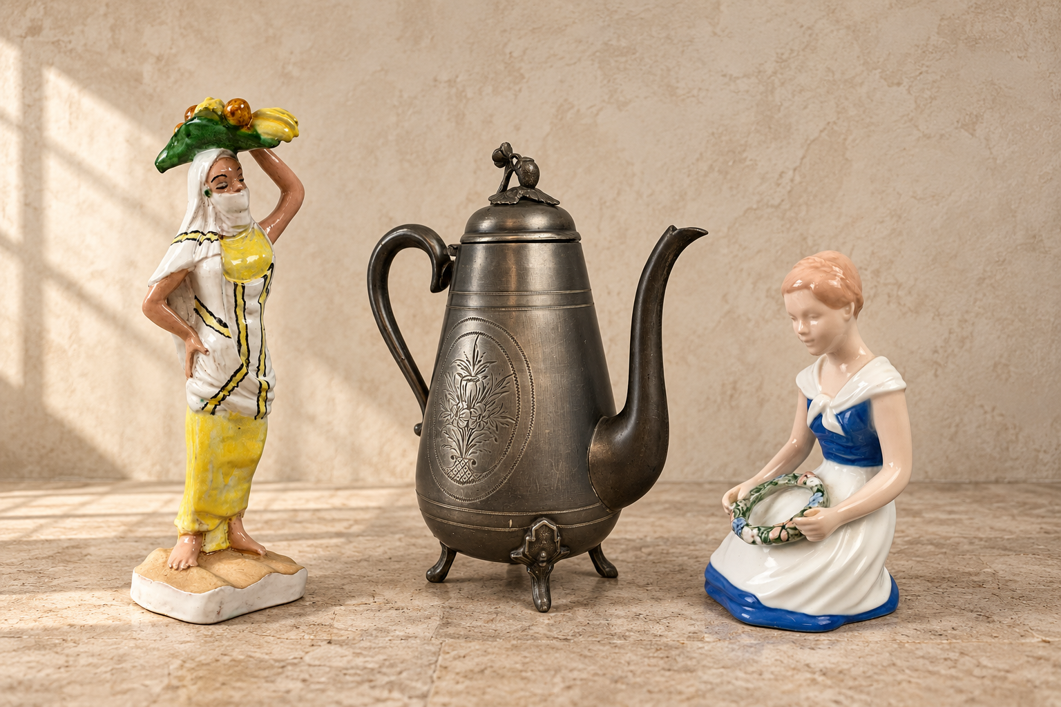Ozdobny dzbanek i dwie porcelanowe figurki